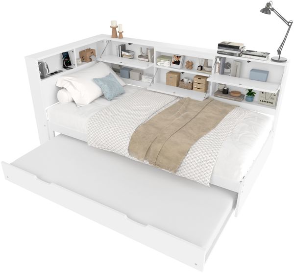 Daybett 90x200 cm mit Ausziehbett und Kopfteil mit Stauraum – Weiß, USB und Typ-C Bild 7