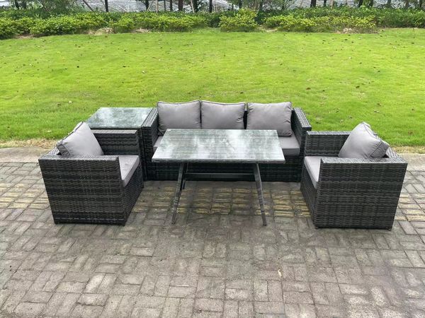 Fimous 5-Sitzer Gartenmöbel Lounge Sofa Set mit Sofa Rechteckiger Esstisch Sesseln Beistelltisch Dunkelgrau Gemischt