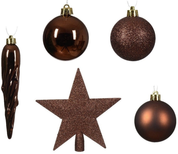 Decoris Weihnachtskugeln mit Christbaumspitze Stern, 33er Set, bruchsicher, espressobraun