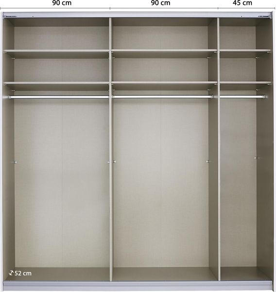 rauch Quadra, Kleiderschrank, Schiebetürenschrank, 2-türig, mit Spiegel, mit 3 Kleiderstangen und 6 Einlegeböden, Farbe Weiß, BxHxT 226x229x62cm Bild 6