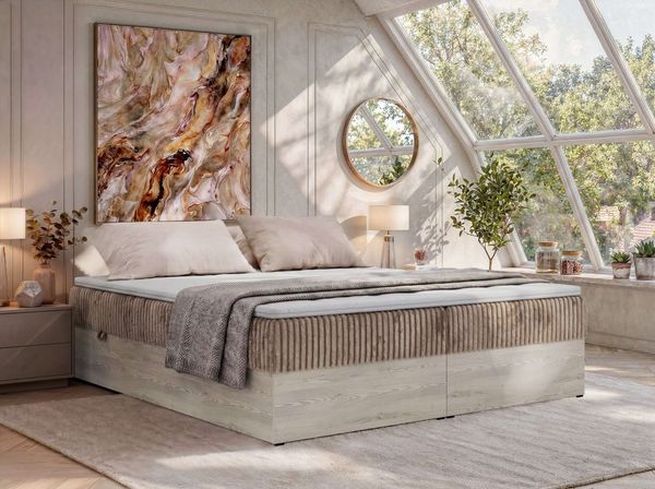 Boxspringbett 140 x 200 cm NORDIC ZERO, 7-Zonen-Multipocket-Matratze H4, Topper T25, zwei Bettkästen - Braun Cord