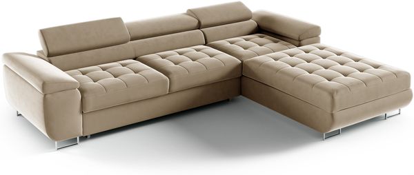 Ecksofa Riva, große Eckcouch mit Schlaffunktion, ausziehbares Sofa, Bettkasten, verstellbare Kopfstützen, Rechts oder Links wählbar, Kronos 35, 72 x 200 x 277 cm