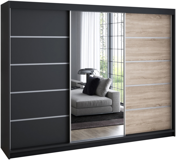 Schwebetrenschrank, 3-trig Schrank 200 cm mit 4 Schubladen, und Spiegel Kleiderschrank VILANO 1. Farbe: Schwarz, sonoma