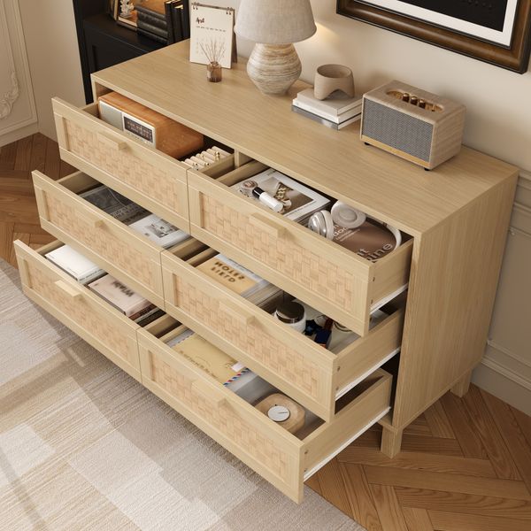 Sideboard 120x40x75 cm mit 6 Schubladen in Rattanoptik, natur, Holzfarbe