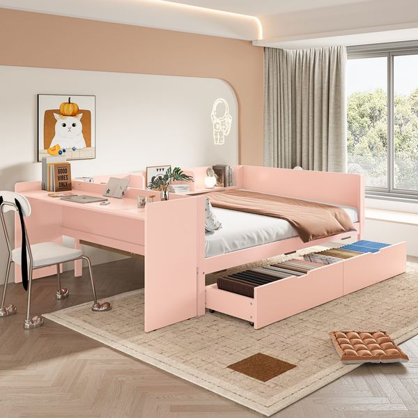 Jugendbett mit Schubladen, Lattenrost und Schreibtisch, 140x200 cm, Doppelbett, Holzbett