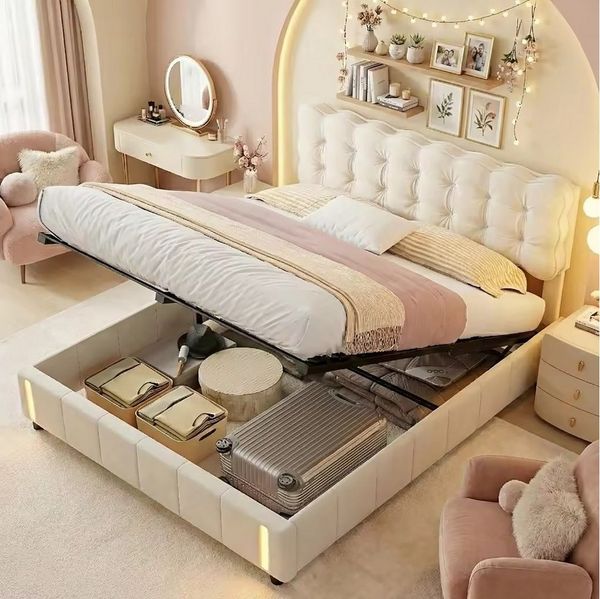 ADWOLT Polsterbett Doppelbett Stauraumbett mit Bettkasten und LED-Leuchten (Packung, 1-tlg, Mit Kopfteil und Bettgestell), 160x200 cm,Bettgestell mit pneumatischen Stützstangen,Samtstoff,beige