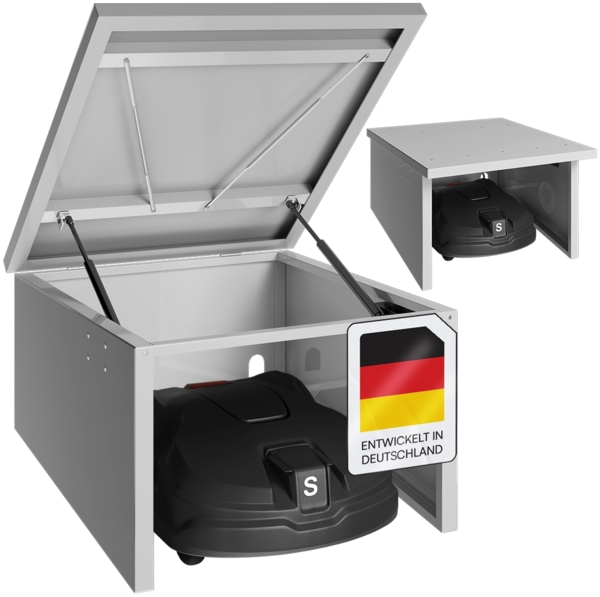 STEELSØN 'Drakon' Mähroboter Garage, Metall, silber, wetterfest, 53/42x77x90 cm, Mähroboterhaus mit aufklappbarem Pultdach