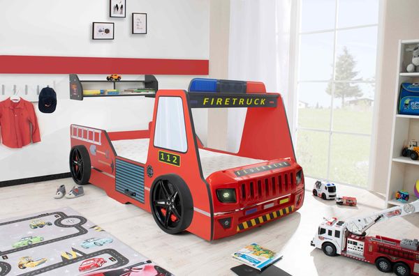 Autobett Kinderbett 90x200 Feuerwehrbett "Rio Firetruck" Hochglanz mit LED Leuchte Rot