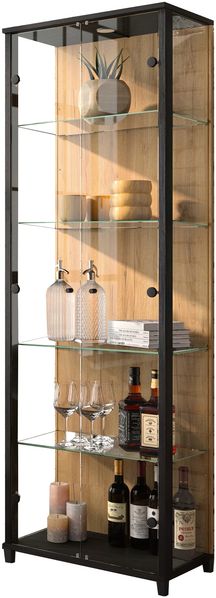 Glasvitrine >OPTIMA< Schwarz/Wildeiche-Dekor, LED Beleuchtung - 57,6x171,8x32cm (BxHxT)