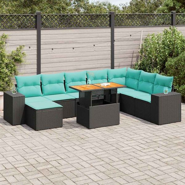 vidaXL 9-tlg. Garten-Sofagarnitur mit Kissen Schwarz Poly Rattan 3327410