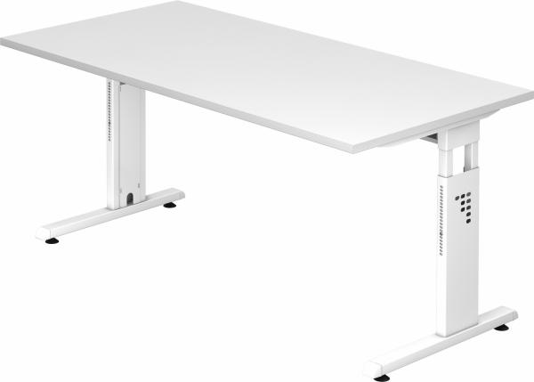 bümö höhenverstellbarer Schreibtisch O-Serie 160x80 cm in weiß, Gestell in weiß - PC Tisch für's Büro manuell höhenverstellbar, Computertisch verstellbar, OS-16-W-W