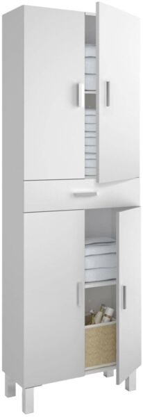 Dmora - Mehrzweck-Kabinett Oxnard, Schrank für Badezimmer oder Waschküche mit 4 Türen und 1 Schublade, Mehrzweck-Schuhschrank, 60x29h182 cm, Glänzend Weiß