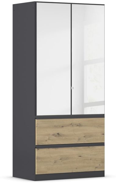 Rauch Möbel Costa, Kleiderschrank für Schlafzimmer, Kinderzimmer, Babyzimmer, Garderobe, 2-türig, Spiegel, 2 Schubladen, Push-to-Open, Zubehör Premium, Farbe Grau metallic, Schwarz, Breite 91 cm