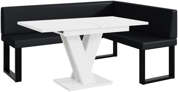 MEBLINI Eckbank für Esszimmer mit ausziehbarem Tisch - Küchenbank - Essecke - Sitzecke Küche - ERIC - U-Beine 128x168x87cm Rechts - Schwarz Kunstleder/M Weiß Matt