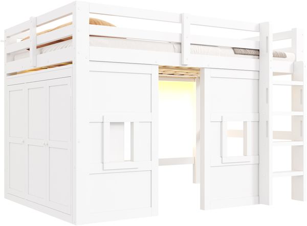 140x200 cm großes Hochbett aus Holz mit integriertem Kleiderschrank, 2 Fenstern und LED-Beleuchtung, weiß