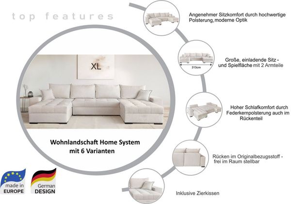 OTTO home Wohnlandschaft Home System U-Form, von B: 269-352 cm wählbar, 6 Varianten zur Auswahl, Bettfunktion, Bettkasten & Zierkissen, Federkern Bild 4