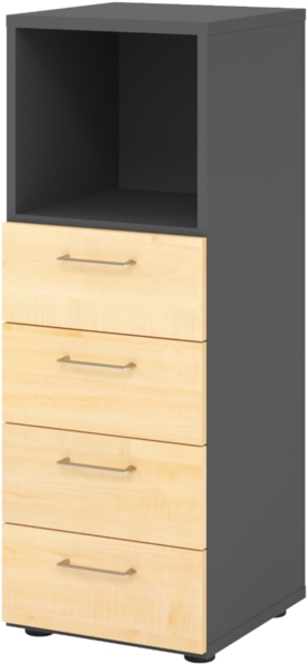 bümö smart Schubladenschrank, Büroschrank in Graphit/Ahorn mit 4 Schüben & 1 Regalfach - Bürocontainer aus Holz, Container mit Metallgriffen & Soft-Stop Schubladen, 934S4-G-3-BS