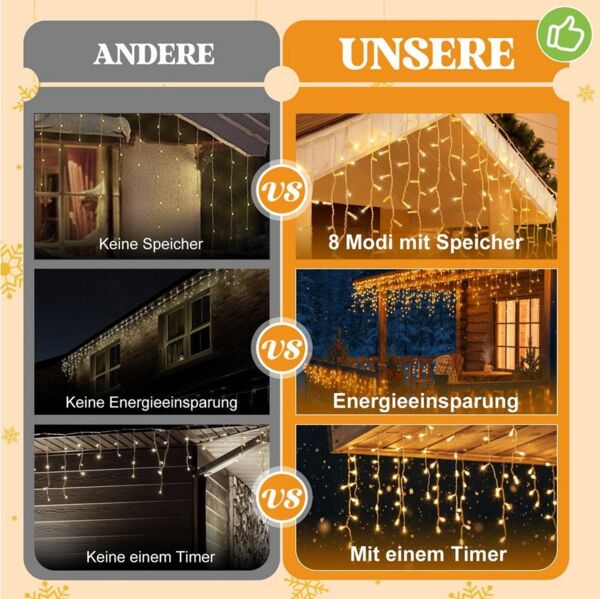 SERBASIC LED-Lichterkette Eisregen Außen, Weihnachtsbeleuchtung mit Timer 8 Modi Lichtervorhang, Anschließbar, für Balkon Geländer Traufe Weihnachtsdeko