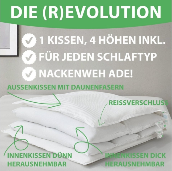 Welldora Kopfkissen Höhenverstellbar, Ergonomische Innovation: Anpassbar fest bis weich, Füllung: 100% Daunenfasern & Federn, Kissen fachärztlich geprüft, Oeko-Tex Zertifiziert in Deutschland Bild 3