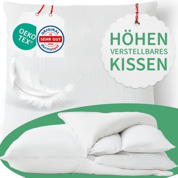 Welldora Kopfkissen Höhenverstellbar, Ergonomische Innovation: Anpassbar fest bis weich, Füllung: 100% Daunenfasern & Federn, Kissen fachärztlich geprüft, Oeko-Tex Zertifiziert in Deutschland Bild 4