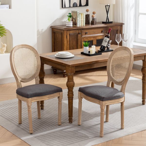 Französischer Esszimmerstuhl 2er-Set Massivholz, Leinenpolster, Rattan-Rückenlehne, antik lackiert,Grau