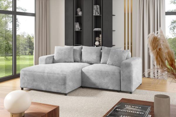 Ecksofa Designersofa Sofa MEGAN XS in Stoff Poso Hellgrau Ottomane Links