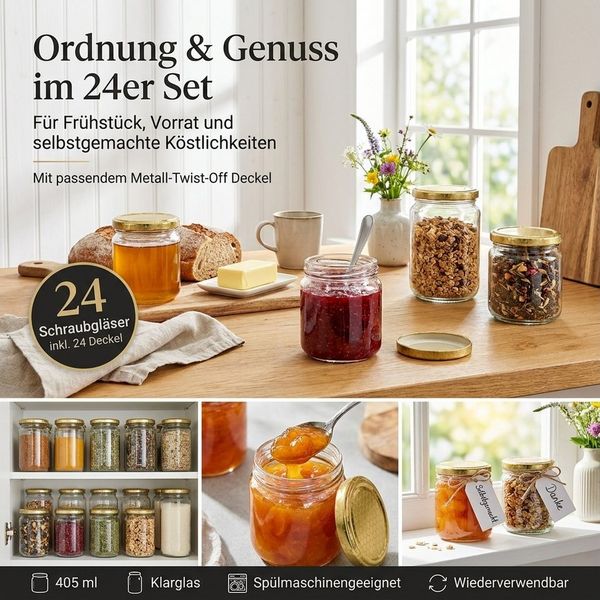 gouveo Honigglas 500g mit Schraub-Deckel - Leere Vorratsgläser 405 ml für Honig, Metall TO82 Bienenwabe, (24-tlg) Bild 2