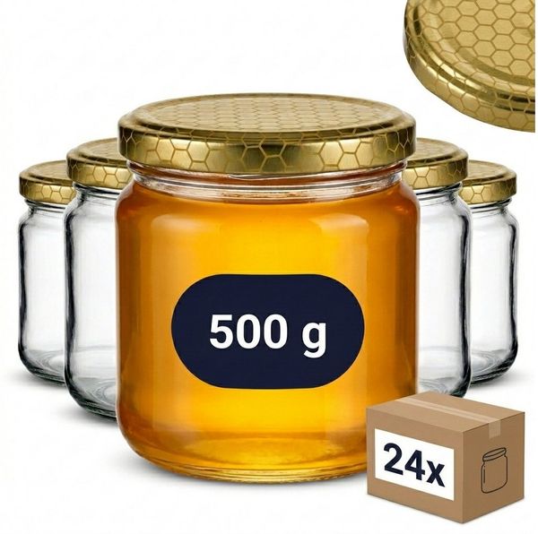 gouveo Honigglas 500g mit Schraub-Deckel - Leere Vorratsgläser 405 ml für Honig, Metall TO82 Bienenwabe, (24-tlg)