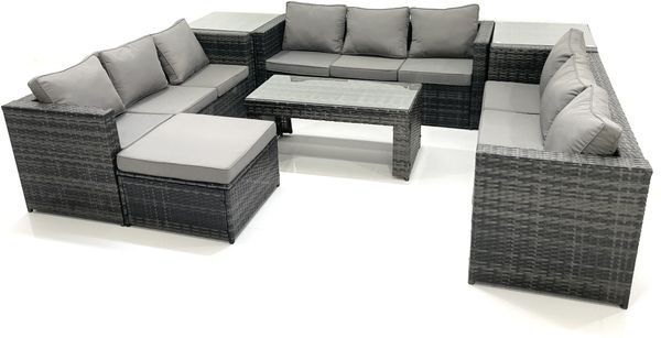 Fimous Gartenmöbel-Set 10-Sitzer Polyrattan Sofa Set mit Couchtisch 2 Großer Hockern 2 Beistelltischen Dunkelgrau Gemischt