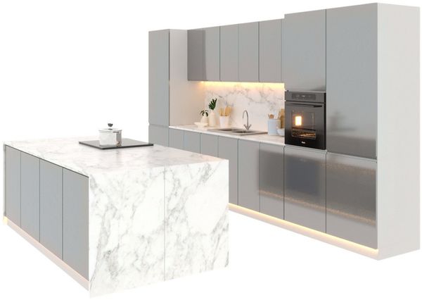 ROYAL24_MARKT Kücheninsel – KU-S13 – Aspen – Eleganz und Funktionalität in Hochglanz Weiß – Grau, (Komplett Set), Luxus – Edel – Zeitlos