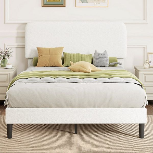 HOMCOM Bettgestell mit verstellbarem gepolstertem Teddy-Fleece-Kopfteil (Doppelbett, 1-tlg, Modern Metallbett), 300 kg Traglast, einfache Montage, Weiß