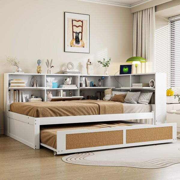 Schlafsofa Weiß Mit Rattan 140x200 Ausziehbett Multifunktionale Ladestation Massivkiefer 120kg Tragkraft Doppelbett Gästebett