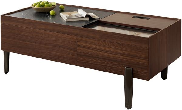 Moderner Couchtisch mit Schubladen & Glasplatte – Dunkelbraunes Holzdesign, Holzmaserung in Marmoptik, Metallbeine & viel Stauraum für Wohnzimmer