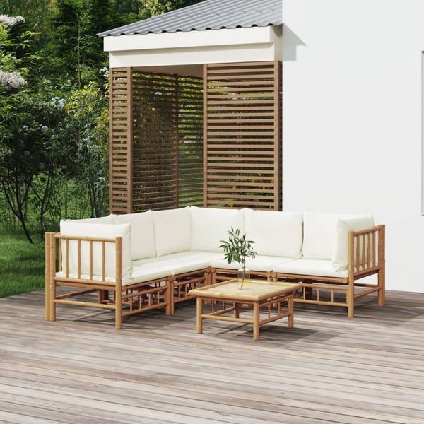 vidaXL 6-tlg. Garten-Lounge-Set mit Cremeweißen Kissen Bambus 3155188