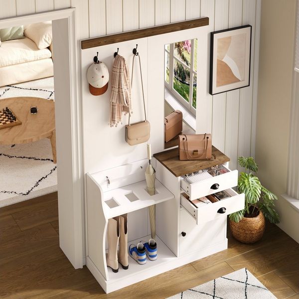 Merax Garderoben-Set mit Spiegel in Holz und Weiß, (Flurgarderoben Set Scandi Flurschrank, 1-St, 110,5 L x 38 B x 191 H (cm), Kompaktgarderobe mit Schubladen, Tür, Haken, Schirm- & Schuhablage