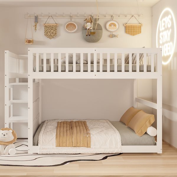 Niedriges Etagenbett Kinder Weiß 140x200 Mit Schubladen Sicherheitszaun Treppe Stauraum Kiefer Massivholz 120kg Belastbar Platzsparend Jugendzimmer Geschwisterbett Spielbereich