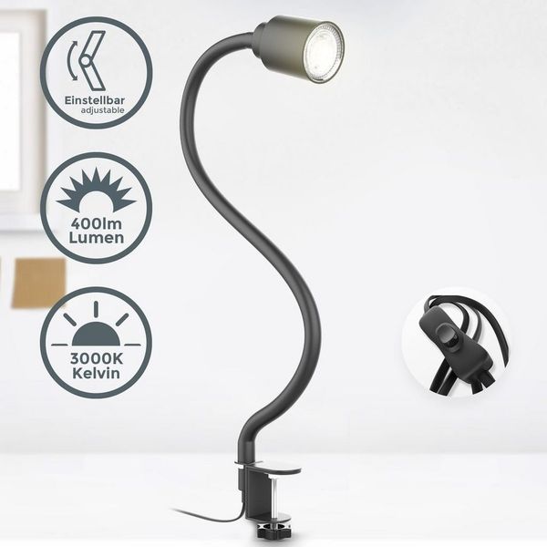 B.K.Licht Tischleuchte LED Klemmleuchte Schwenkbar Drehbar - BKL1355, LED wechselbar, Warmweiß, inkl. 5W GU10 Leuchtmittel Metall Schwarz-Matt