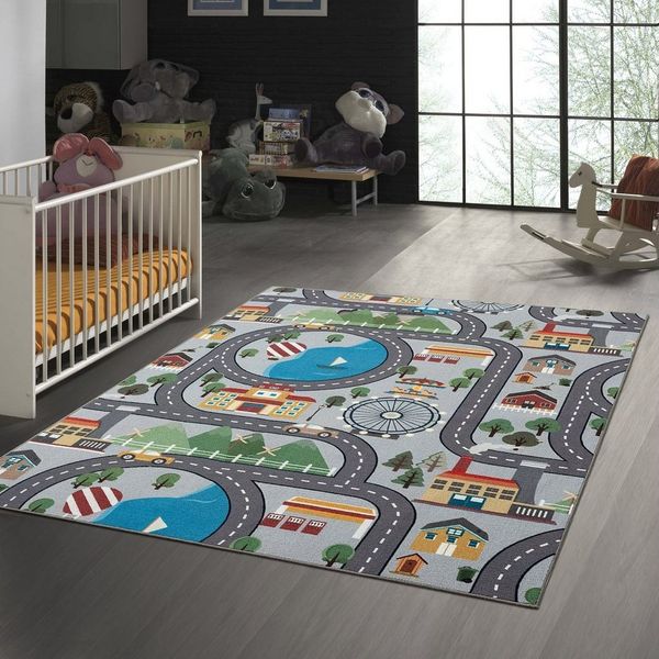 TeppichHome24 Kinderteppich Spielteppich - Straßenteppich in Grau, rechteckig, Höhe: 10 mm