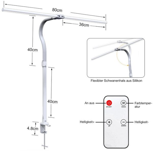 MUPOO LED Schreibtischlampe Doppelkopf Schreibtischlampe klemmbar,Schwanenhals Architektenlampe, 24W,mit Fernbedienung,5 Farben/5 dimmbar,für Arbeit Büro