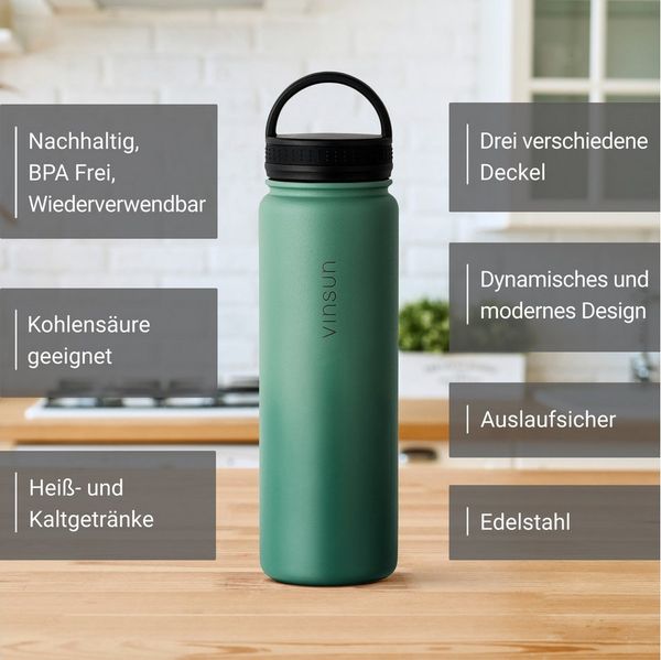 Vinsun Isolierflasche Edelstahl Trinkflasche 750ml, 3 Deckel, auslaufsicher, doppelwandig, 3 Deckel - Strohhalm, Trinköffnung, Schraubverschluss Bild 2