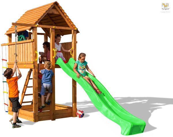 Fungoo Spielturm "Fortress", teak,mit Rutsche, Holzdach, Kletterseil, Kletterwand und Leiter