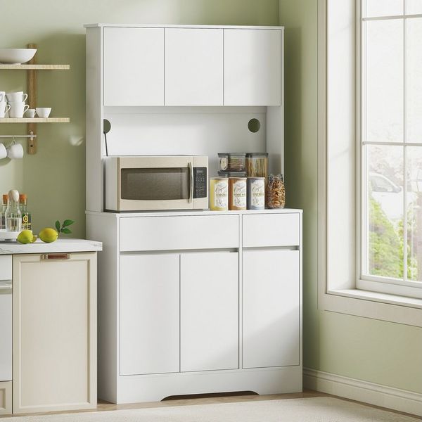 HOMCOM Küchenbuffet Buffetschrank mit Arbeitsplatte, Verstellbaren Einlegeböden, Kabelloch (Mikrowellenschrank, 1-St, Hochschrank) mit Modernem Design, Weiß