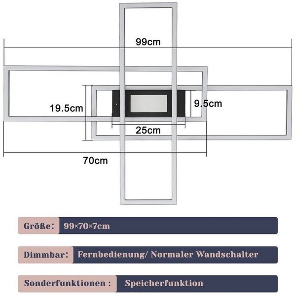 ZMH LED Deckenleuchte Wohnzimmer 50W 3 Rahmen Deckenlampe mit Fernbedienung Modern Flur, Augenschutz, Einfache Installtion, LED fest integriert, 3000-6500K, Schlafzimmerlampe Schlafzimmer Deckenbeleuchtung Bild 3
