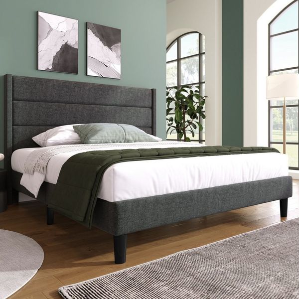 BlingBin Einzelbett Polsterbett Jugendbett (Bettgestell mit Lattenrost & Kopfteil), Textilbezug Leinen in Dunkelgrau, 140 x 200 cm