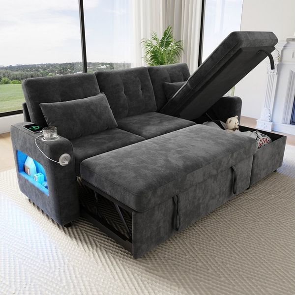 HAUSS SPOLE Schlafsofa 3-4 Sitzer mit Ausziehfunktion,LED-Ecksofa Loungesofa Chenille Grau, multifunktionale Chaiselongue mit USB-Ladeanschluss, Getränkehalter, Seitentaschen,Grau, L‑förmiges Ecksofa mit Armlehnen‑Staufächer für Wohnzimmer