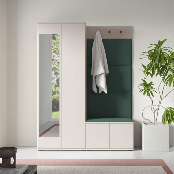 Garderoben-Set Napoli Version 3: Kleiderschrank mit Polsterpaneelen, Schuhschrank Flur und Eingangsbereich (Cashmere/Trinity 28), 185 x 40 x 140 cm