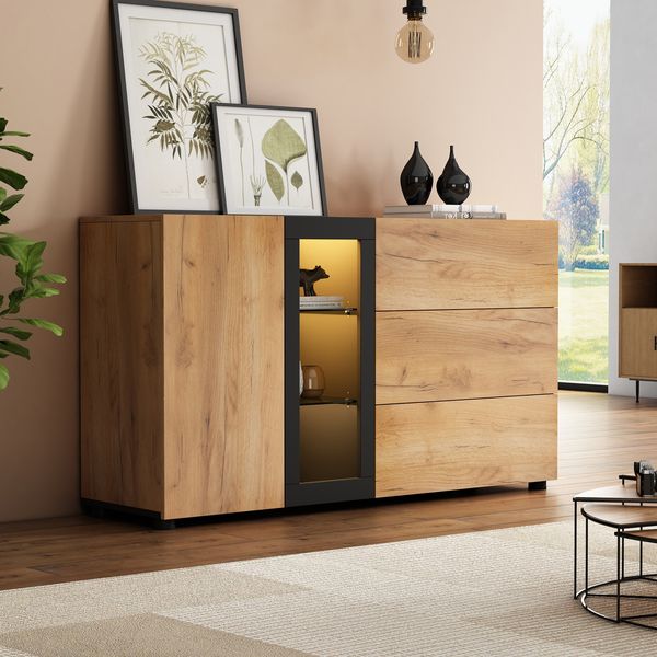 LED Sideboard Schwarz-Braun mit verstellbaren Böden, Schubladen, Glasregale, RGB LED App-Steuerung, modernes Wohnzimmer