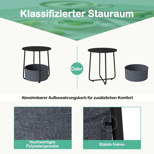 Rund Beistelltisch mit Aufbewahrungskorb Klein Sofatisch Modern Couchtisch Nachttisch Schwarz Bild 4