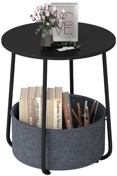 Rund Beistelltisch mit Aufbewahrungskorb Klein Sofatisch Modern Couchtisch Nachttisch Schwarz