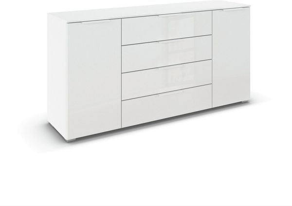 rauch Kombikommode Sideboard Schubkommode Kommode MONTCLAR Front Dekor/Hochglanz/Glas (Breite 160 / Höhe 81 cm, 2 Einlegeböden, inkl. Soft-Close-Funktion), 2-türig, 4 geräumige Schubladen, viele Griffvarianten MADE IN GERMANY